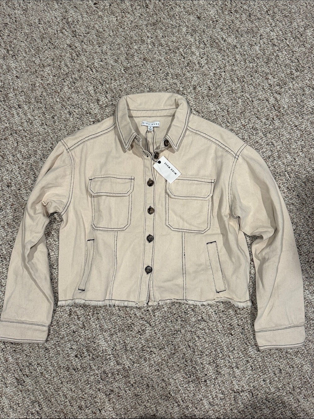 Cropped Beige Utility Jean Jacket with Contrast Stitching